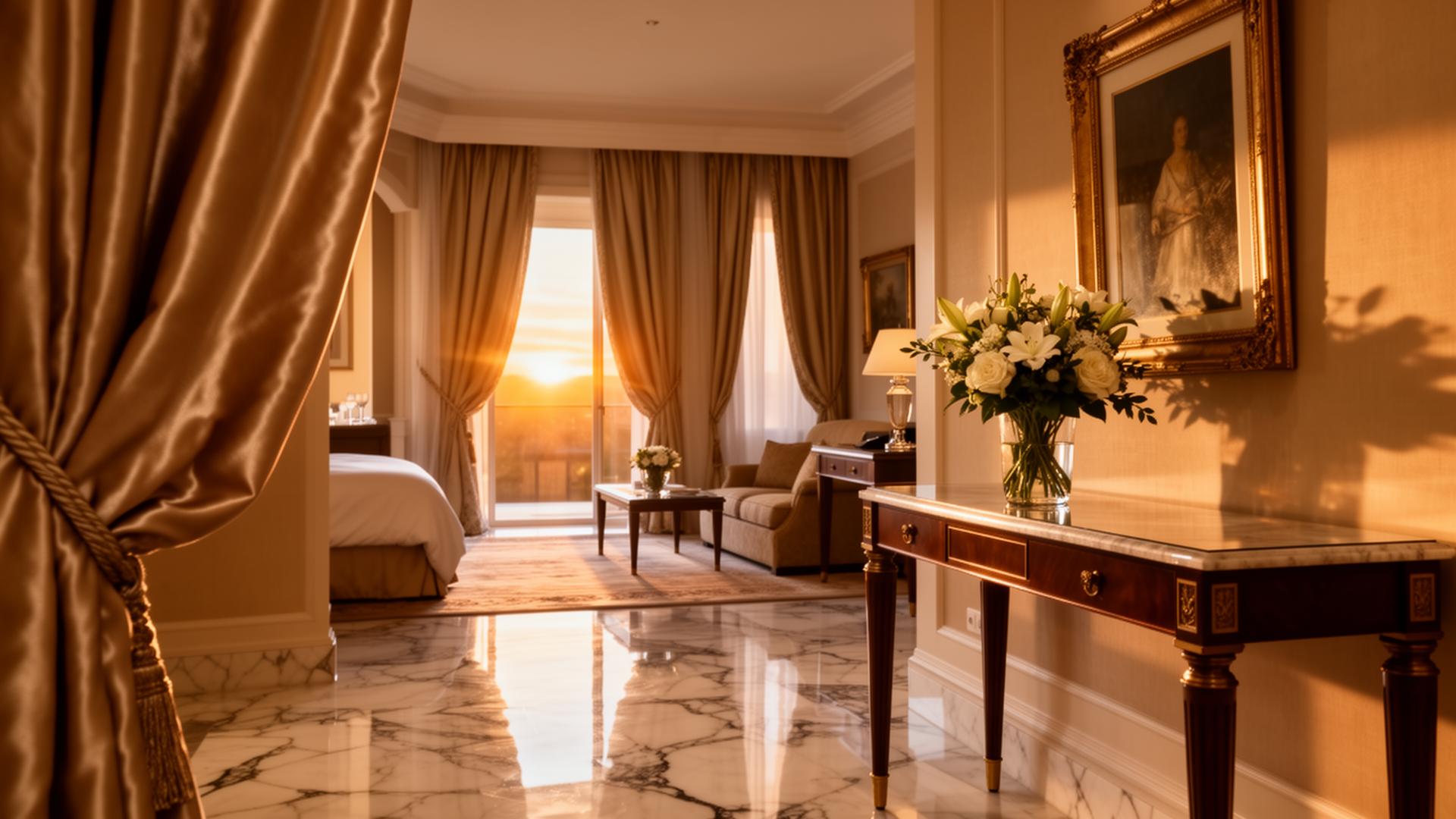 Suite di un hotel di lusso al tramonto, vista dal punto di vista dell'ospite